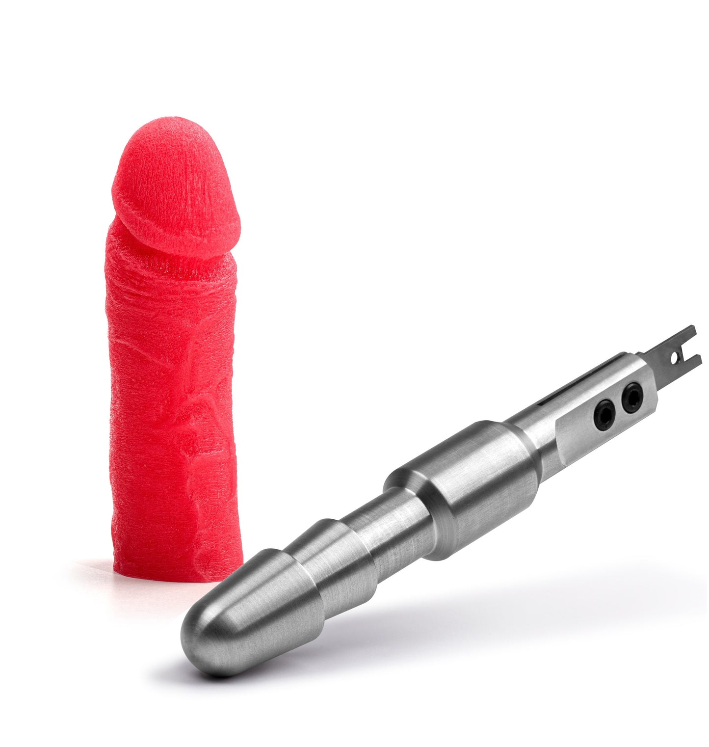 Red glow in the dark dildo with reciprocating saw adapter